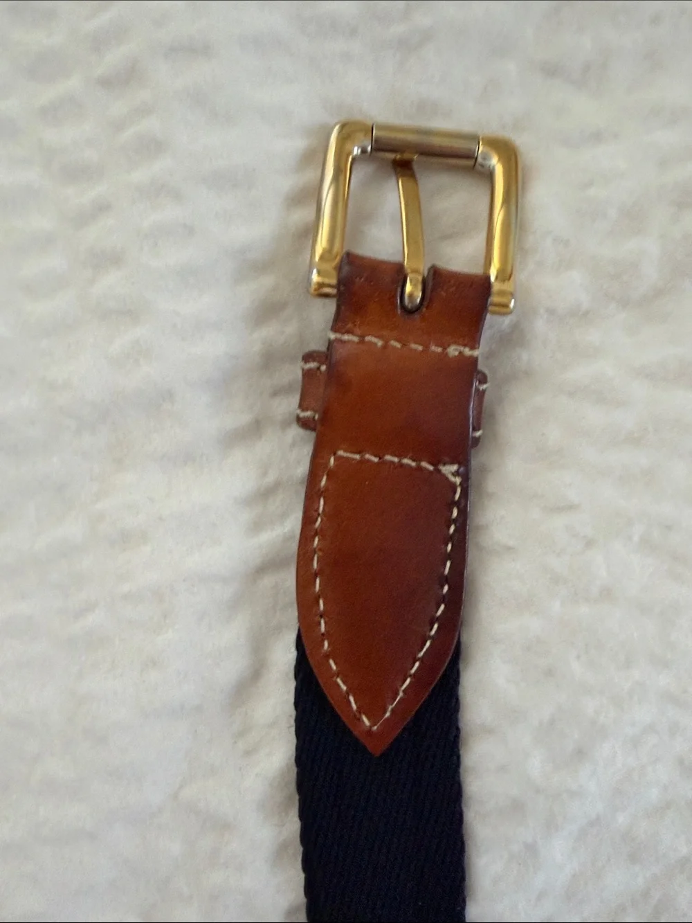 VINTAGE Longhi Men's Tan Leather-Trim Belt with navy fabric and Gold Buckle
